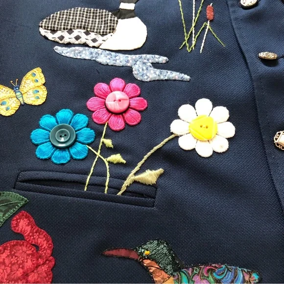 Vintage Handmade Funky Art Appliqué Embroidered Birds Flowers Unisex Vest - Picture 9 of 13
